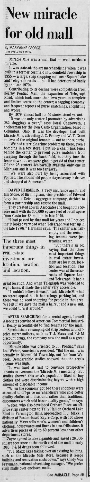 Miracle Mile Shopping Center - 1983 Article On Name Change To Bloomfield Town Square (newer photo)